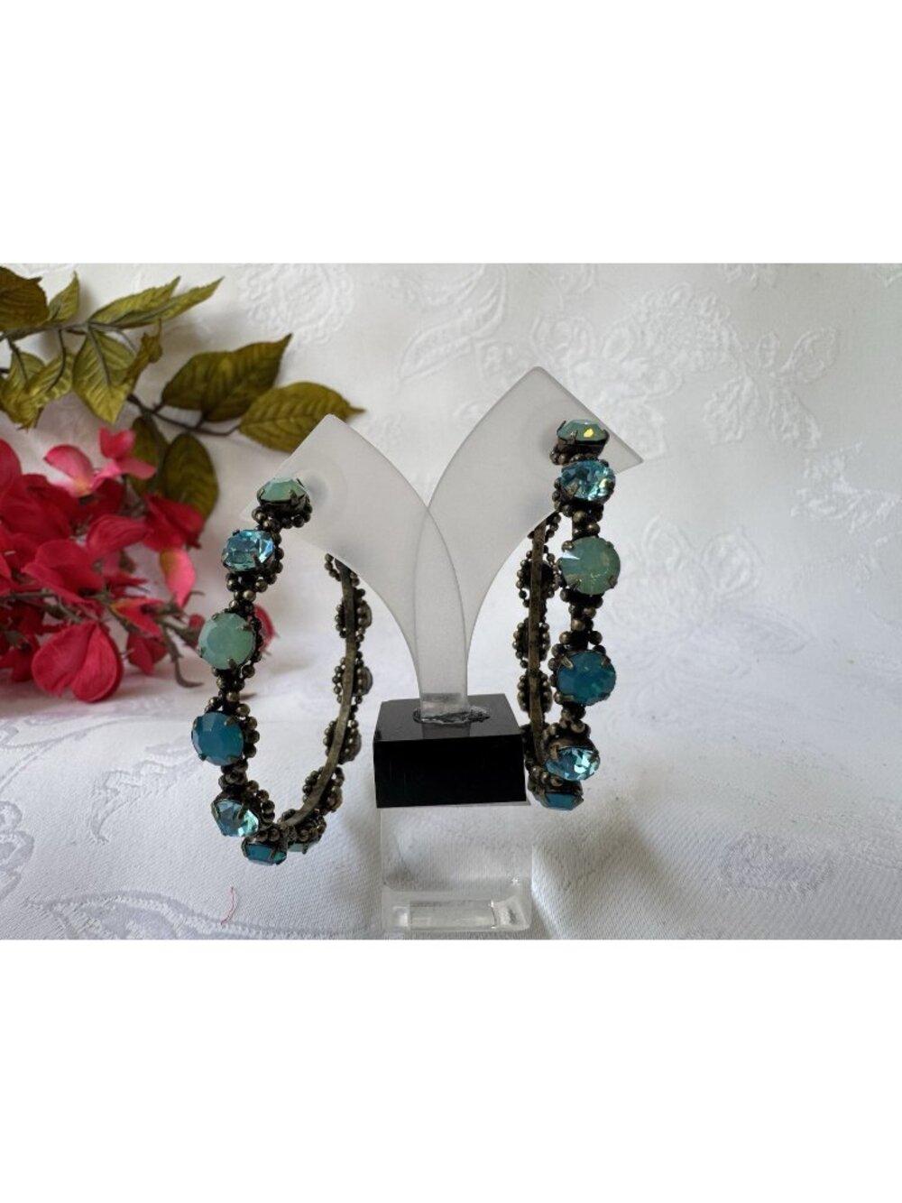 Sequin NYC Vintage Style Large Hoop Earrings Teal Aqua Crystals Antique Bronze